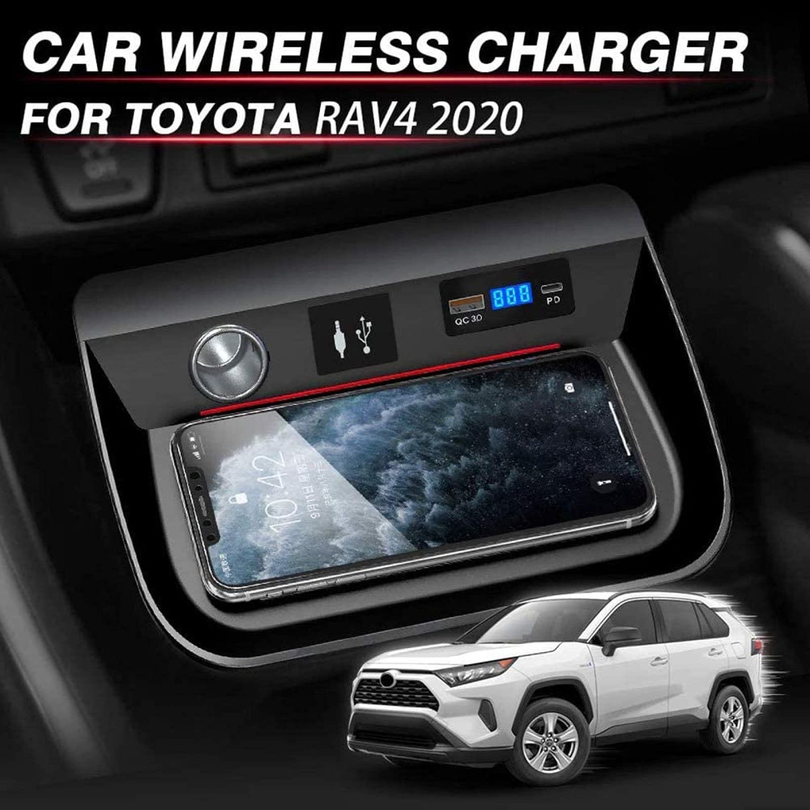 Cargador de coche inalámbrico para panel de consola central toyota RAV4 2020 2021, soporte para teléfono de carga rápida de 15 W con almohadilla de carga inalámbrica USB QC3.0 y PD, unidad derech