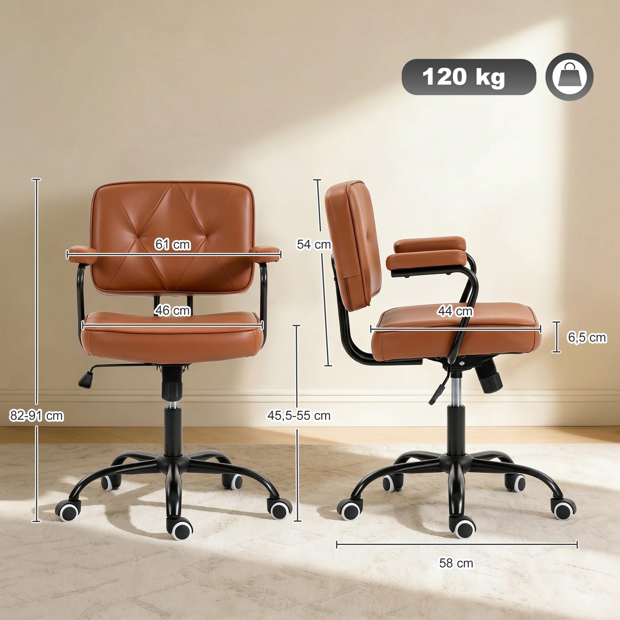 Vinsetto Bürostuhl mit Rollen Höhenverstellbar Braun 61 x 58 x 82-91 cm