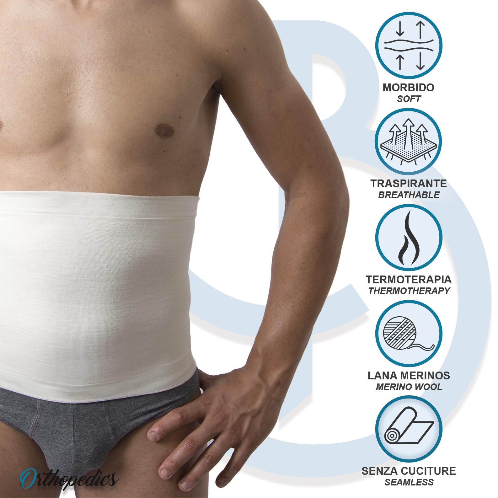 Beman 556 - Pancera in Lana Merinos e Cotone sulla Pelle Uomo Donna Contenitiva, Termocintura Scalda Pancia, Fascia Lombare Elastica, Supporto Schiena Anallergica H.27cm (Bianco, 1/S)