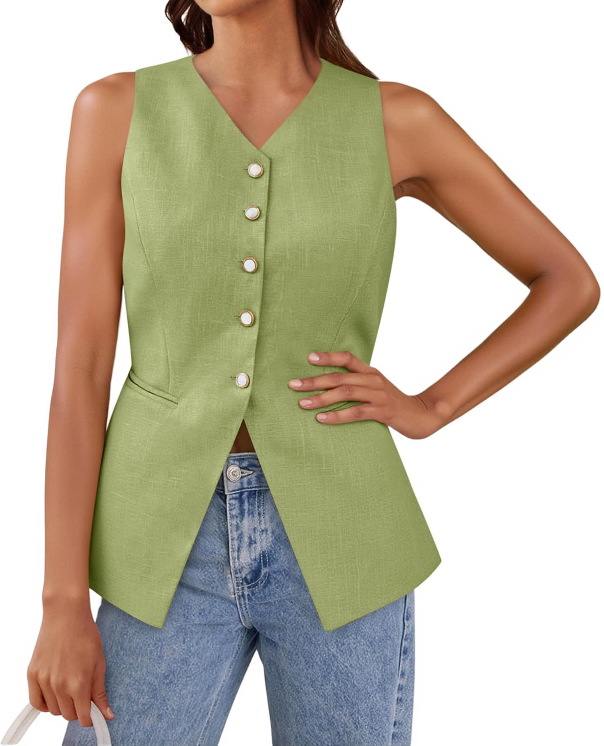Tankaneo Womens Summer Suit Vest Tops Fashion Casual Sleeveless Blazers Split Hem Button Down Linen Work Waistcoat
