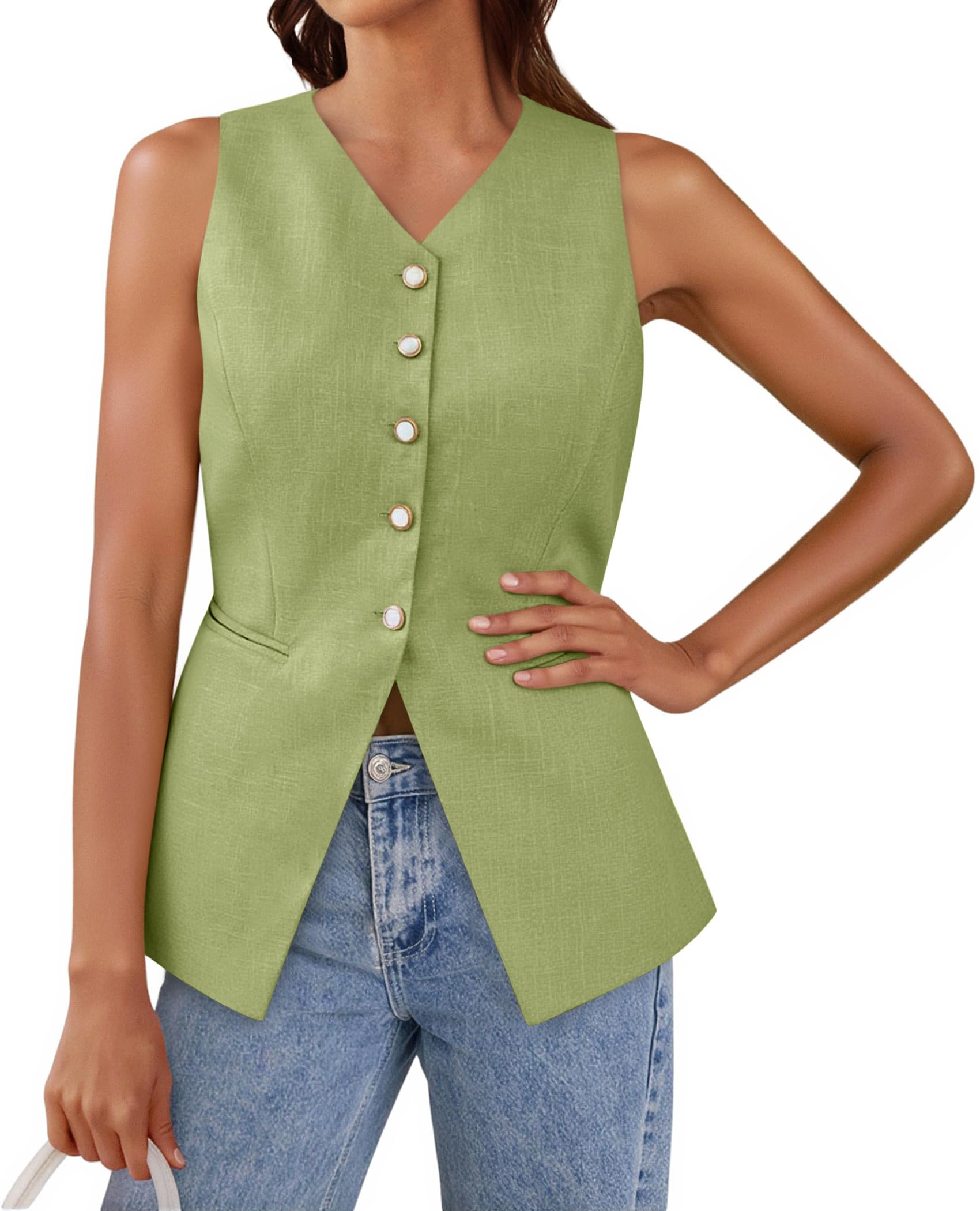 Tankaneo Womens Summer Suit Vest Tops Fashion Casual Sleeveless Blazers Split Hem Button Down Linen Work Waistcoat
