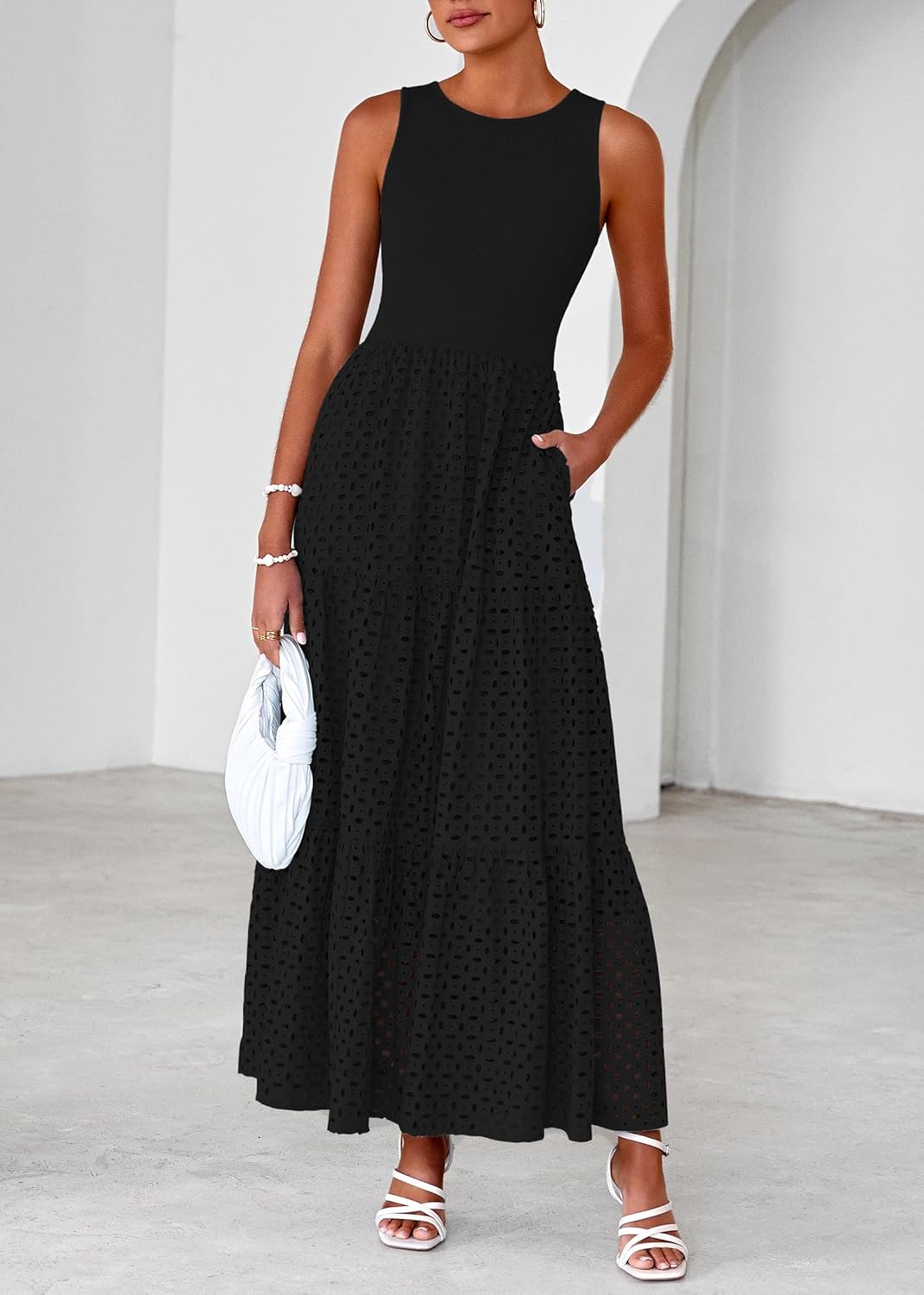 Lazysmile Womens Summer Dresses Crewneck Sleeveless A-Line Hollow Out Eyelet Tiered Tank Maxi Dress Sundress with Pockets - Image 3