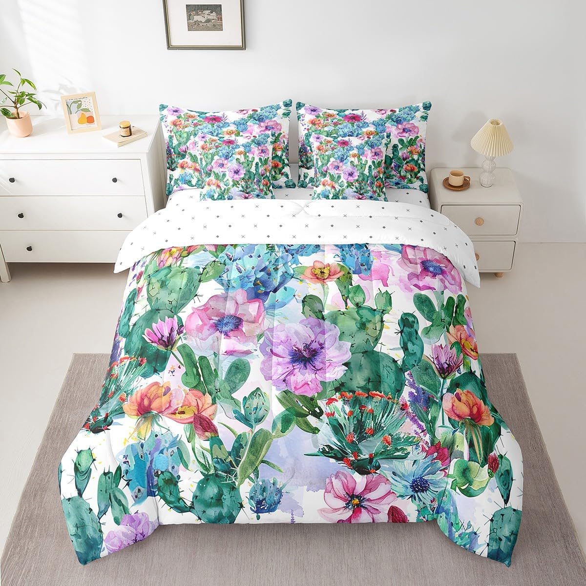 Erosebridal Cute Aesthetics Full Bedding Set 7 Piece Pink Blue Flower Comforter Set with Sheets for Girls Women Green Botanical Leaf Bed in A Bag Garden Floral Plant Bed Set with Pillow Covers