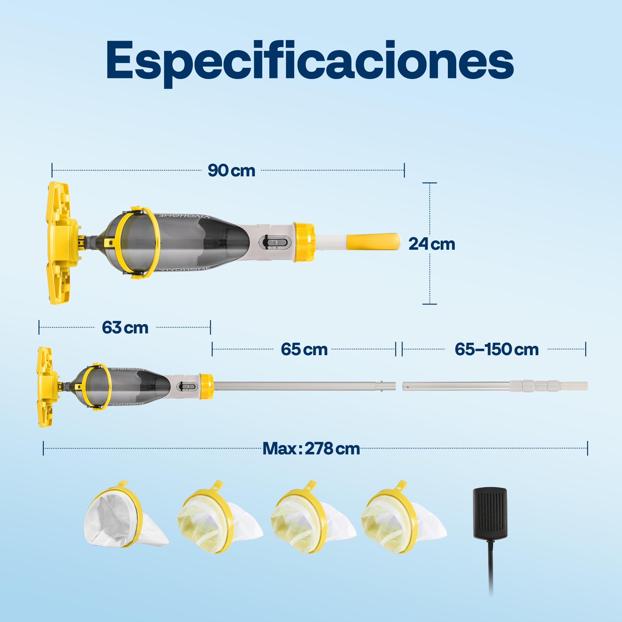 VIVOHOME 278cm Aspirador de Piscina Inalámbrica con Succión Fuerte de 4200LPH, Limpiafondos Piscina Autonomía de 60 Minutos para Piscinas Spas y Jacuzzis
