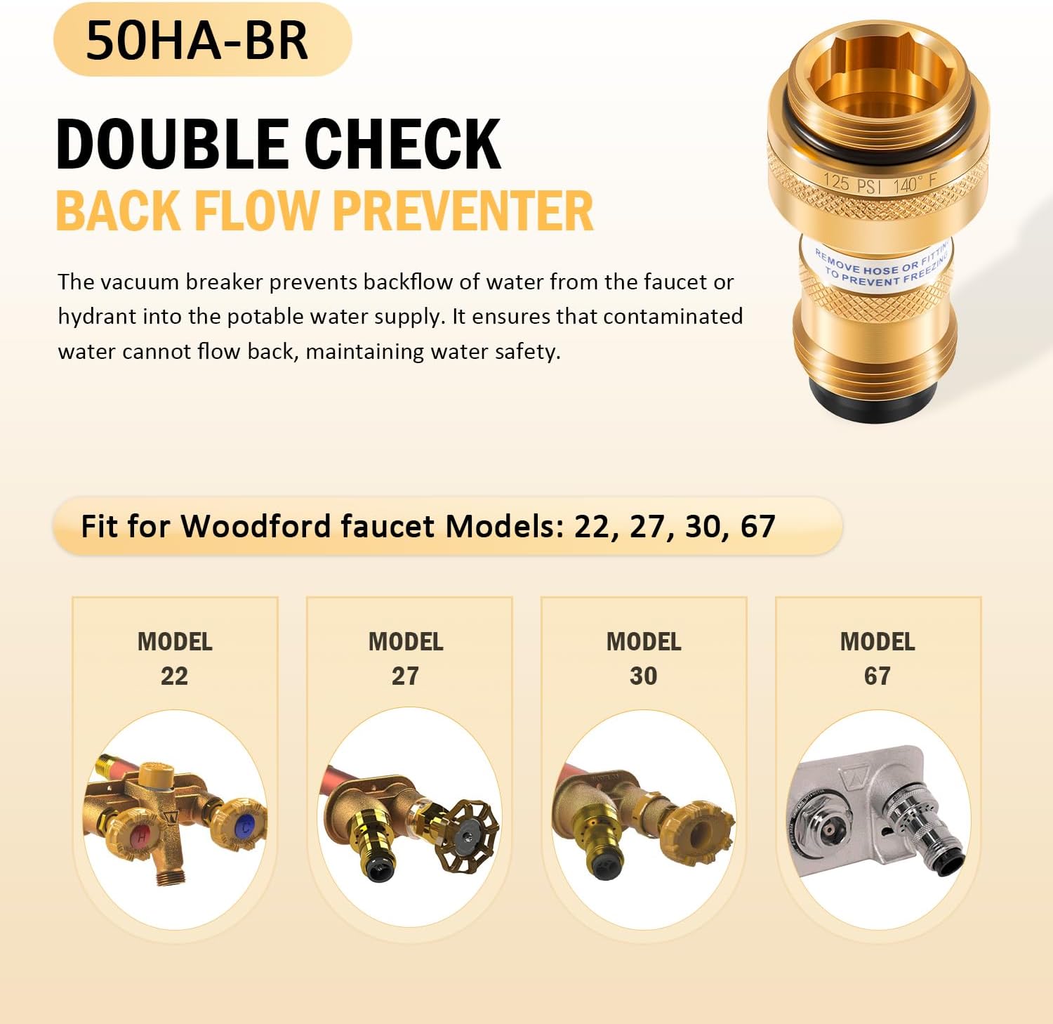 50HA-BR Backflow Preventer Replacement for Woodford Models 22, 27, 30, 67, Brass Vacuum Breaker Used in outdoor faucets and hydrants