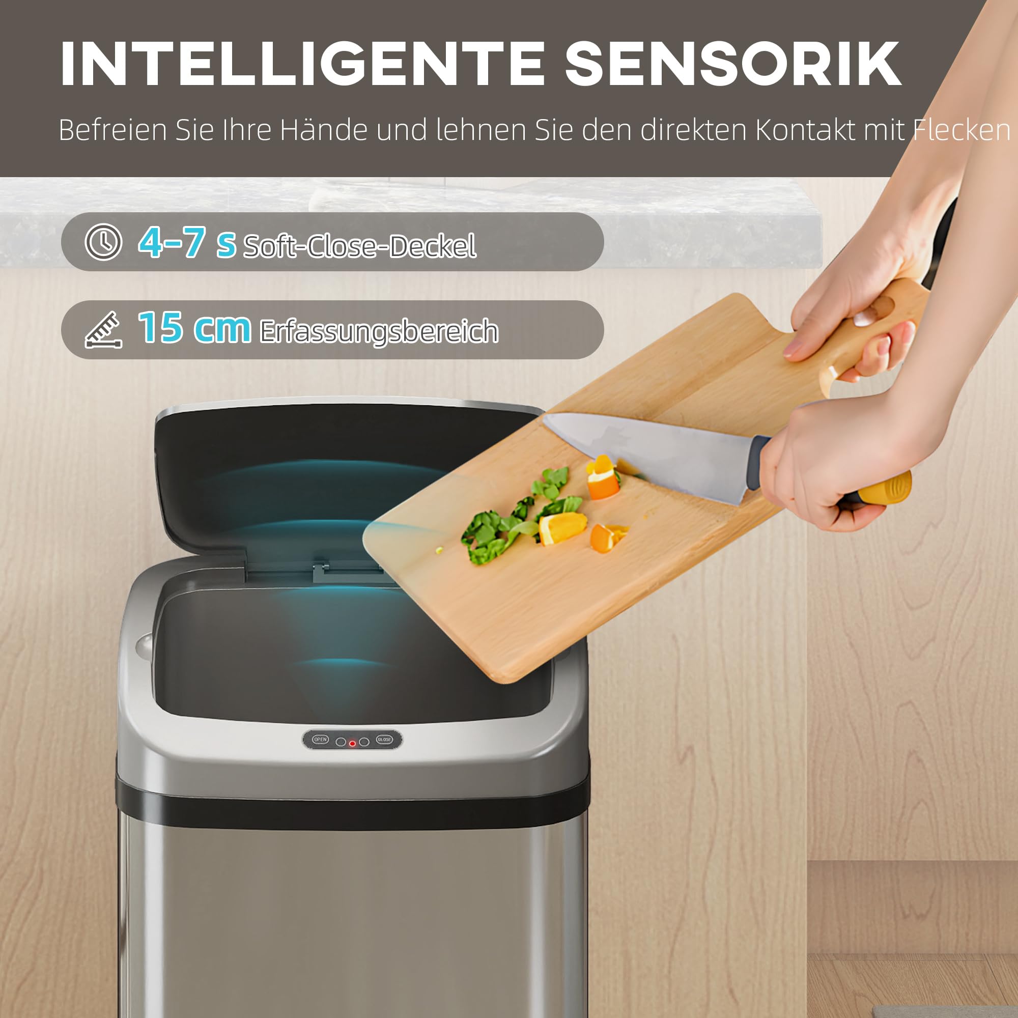 HOMCOM Sensor Mülleimer 48L Edelstahl Automatischer Mülleimer Silber | Mit Bewegungssensor, Fingerabdruckresistente Abfalleimer Abfallbehälter Müllbehälter, für Büro, Schlafzimmer, Küchen
