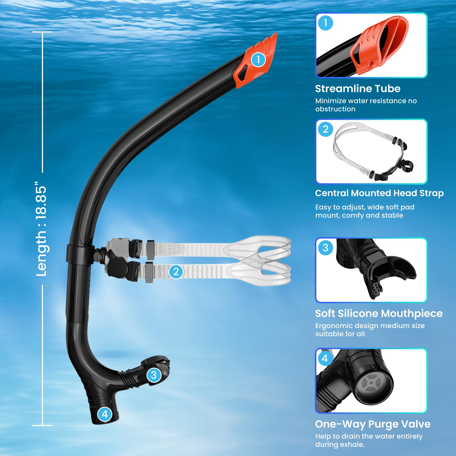 Snorkel de natación para natación en regazo, entrenamiento de esnórquel de natación para adultos/niños/jóvenes, esnórquel de montaje central, color negro