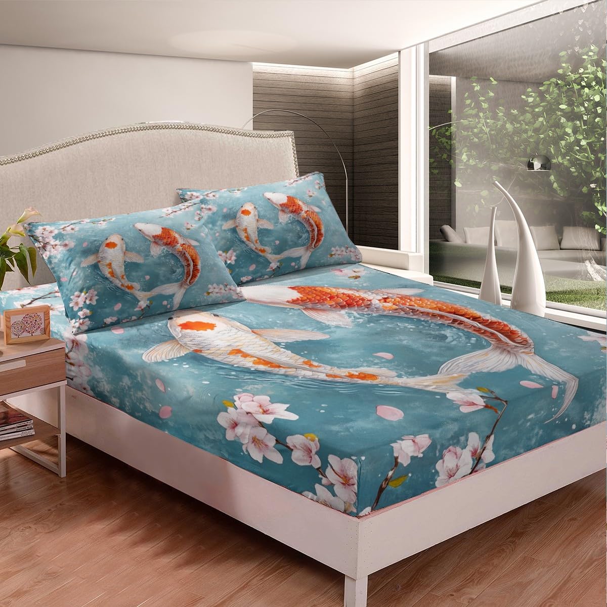 Japanese Style Fish Fitted Sheet,Full Size Pink Cherry Blossom Floral Collections,Koi Carp Bedding Deep Pocket for Children Teens Young with 2 Pillowcases(No Flat Sheet)