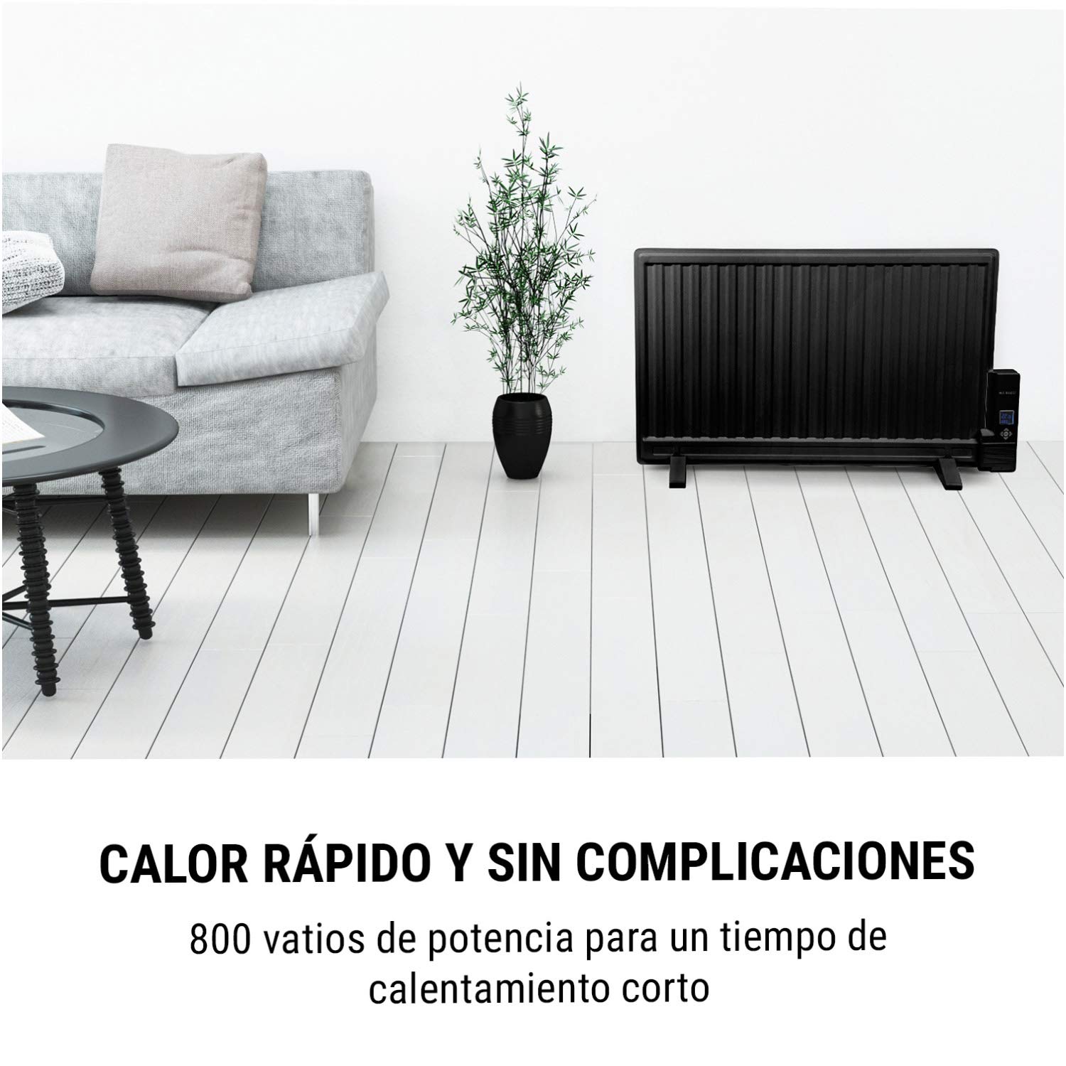 Oneconcept Wallander - Radiador aceite, Termostato regulable, Pantalla LED, Estufas aceite bajo consumo, Programable, Protección sobrecalentamiento, Móvil/Pared, 2 patas, 800 W, Blanco humo