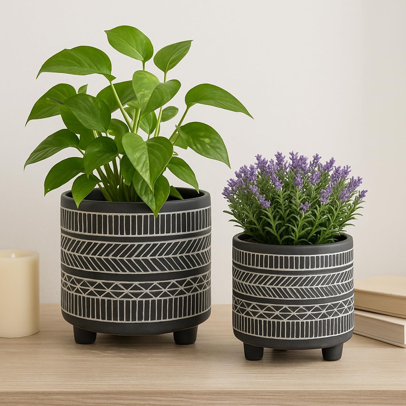 Set of 2 Tribal Look Footed Decorative Planter Pot – Ceramic Stoneware Outdoor and Indoor Plant Pot – Modern Garden and Home Decor Planters – 6" and 8", Black