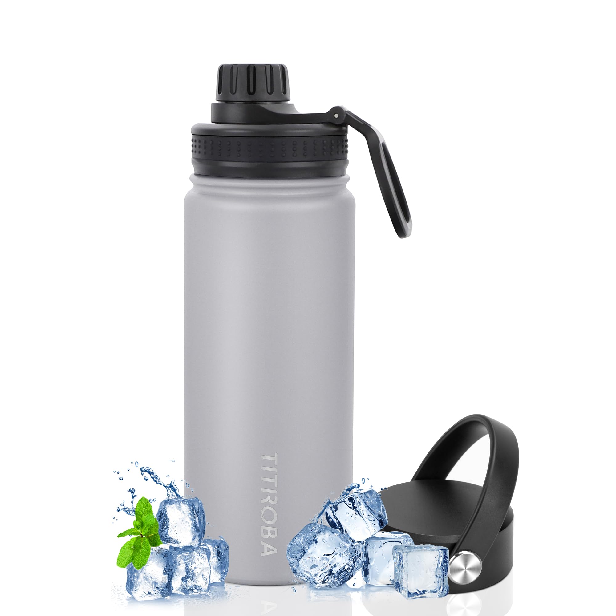 TITIROBA Stainless Steel Drinking Bottle 600 ml Leak-Proof Thermos Flask BPA Free Insulated Flask Vacuum Double Wall Insulation Grey