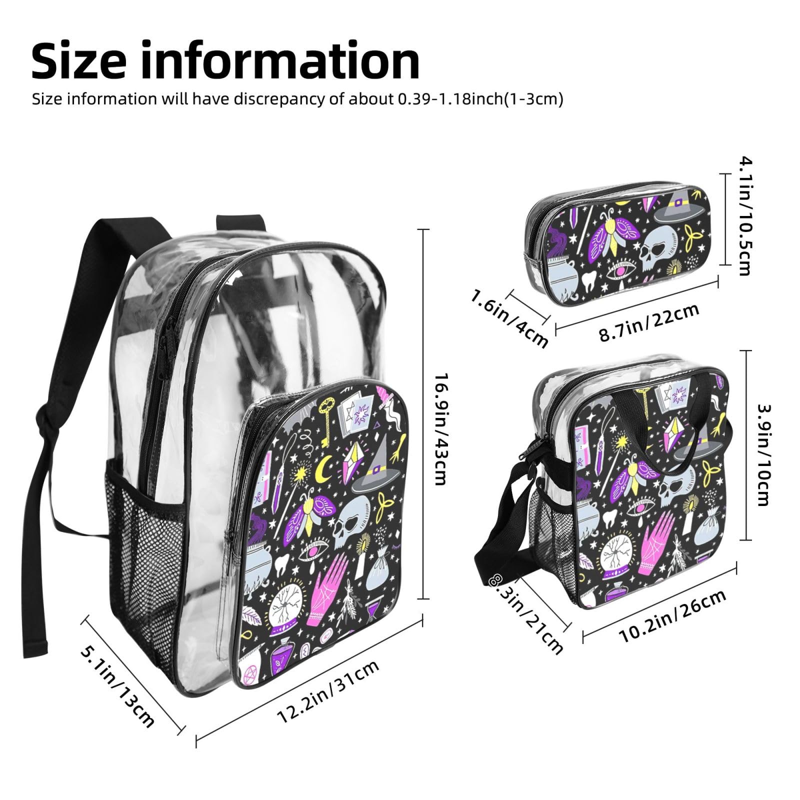 Magiczna czarownica czary bohema rysunek nadruk unisex 3-częściowy przezroczysty plecak zestaw torba na lunch do szkoły podróży na świeżym powietrzu sport