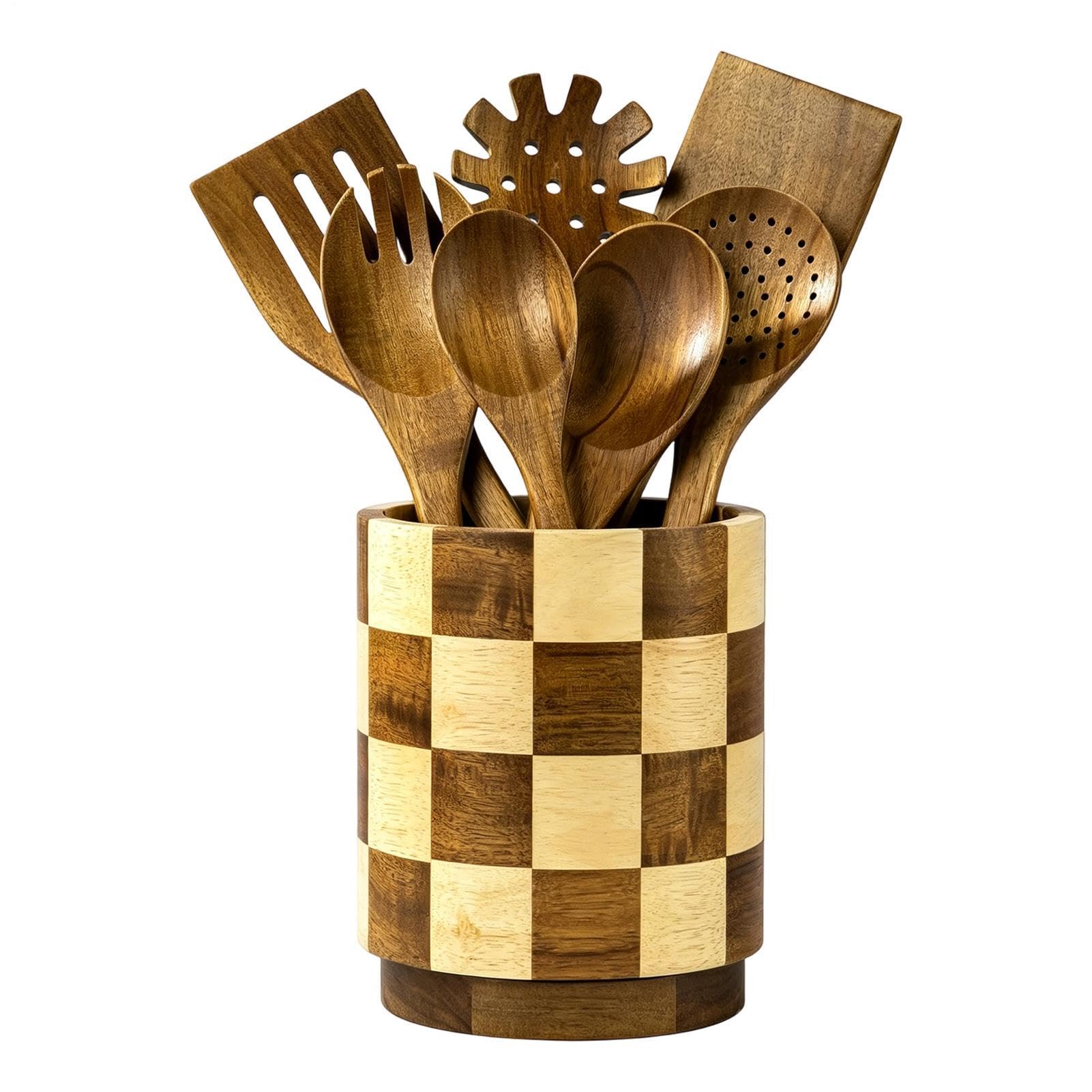 Organiseur de cuisine en bois rotatif anti-encombrement pour ranger fouet, pince et baguettes