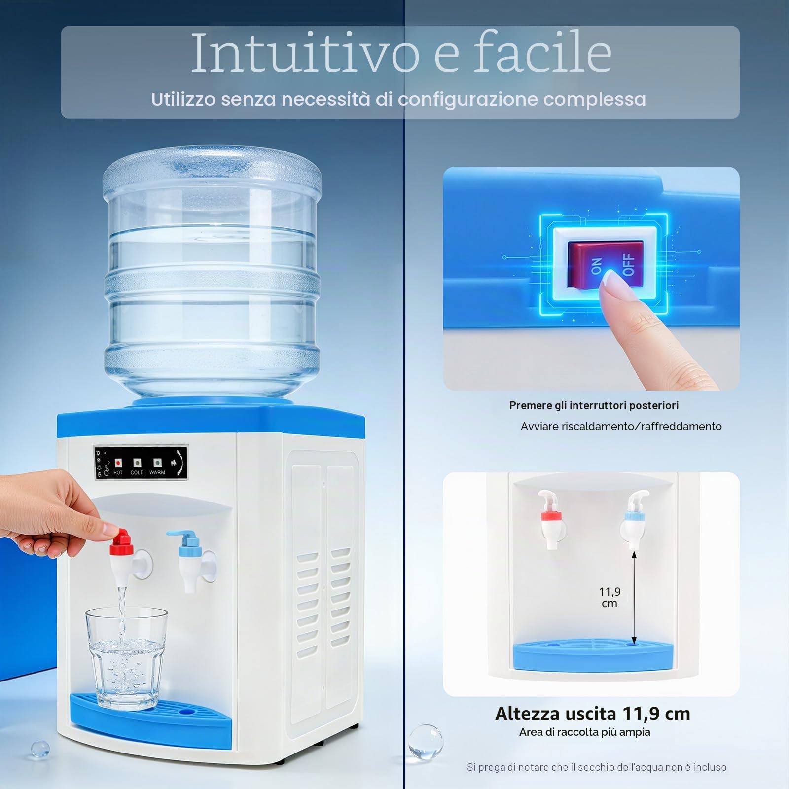 Distributore di acqua fredda per acqua calda fredda, 550 W, 19 l, in acciaio inox e plastica, da scrivania