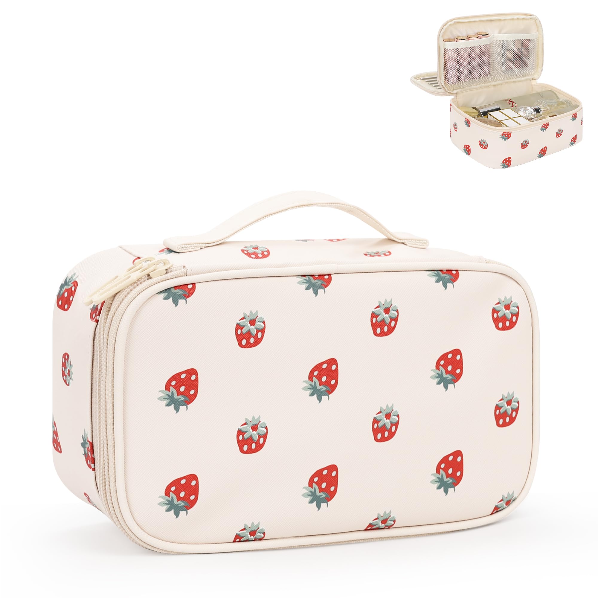 Relavel Makeup Bag, Small Makeup Bag for Women, Travel Cosmetic Bag, 2 Layers Waterproof Makeup Organizer Storage with Makeup Brush Holder, White