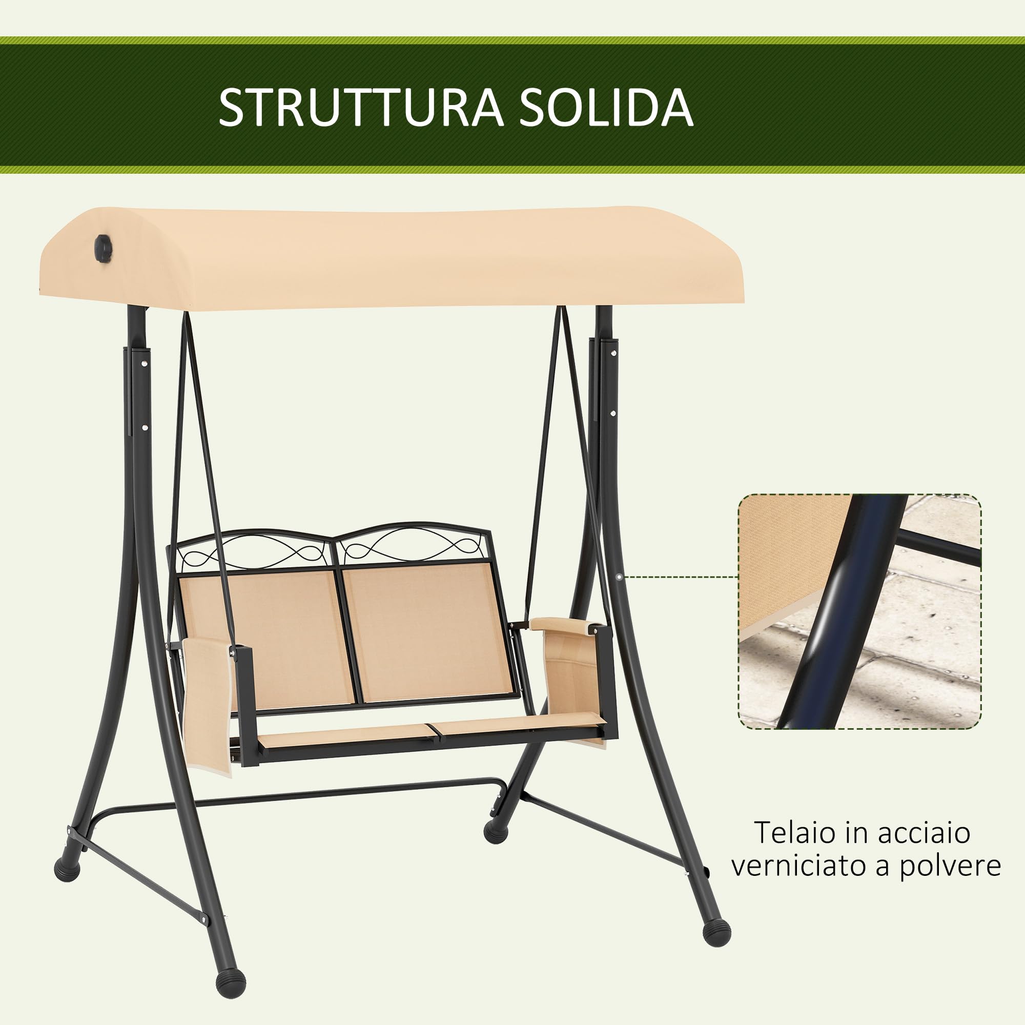 Outsunny Dondolo da Giardino 2 Posti con Tettuccio Parasole Regolabile, Dondolo con Tasche Laterali, Acciaio e Tessuto a Rete, Beige