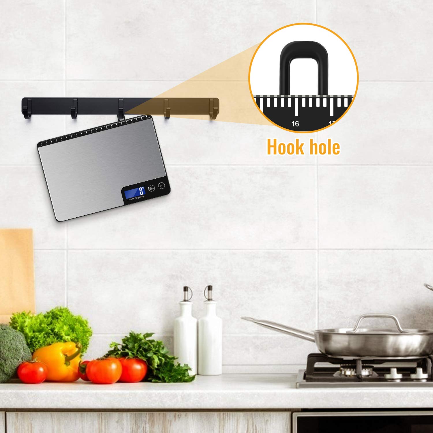 Báscula digital de cocina de 33 libras, área de pesaje grande (9 pulgadas), báscula electrónica profesional de alimentos, báscula doméstica de acero inoxidable, control táctil, pantalla LCD, 7