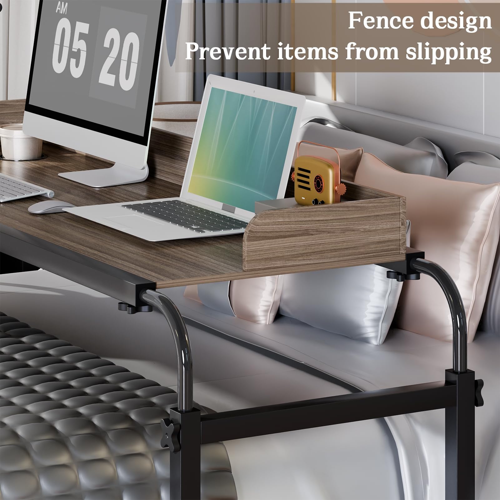 Table de lit 40 cm avec déflecteurs, porte-gobelet, longueur réglable en hauteur, king size, table de lit pour ordinateur portable, avec roues à 360 degrés, 120 cm - gihusrzx
