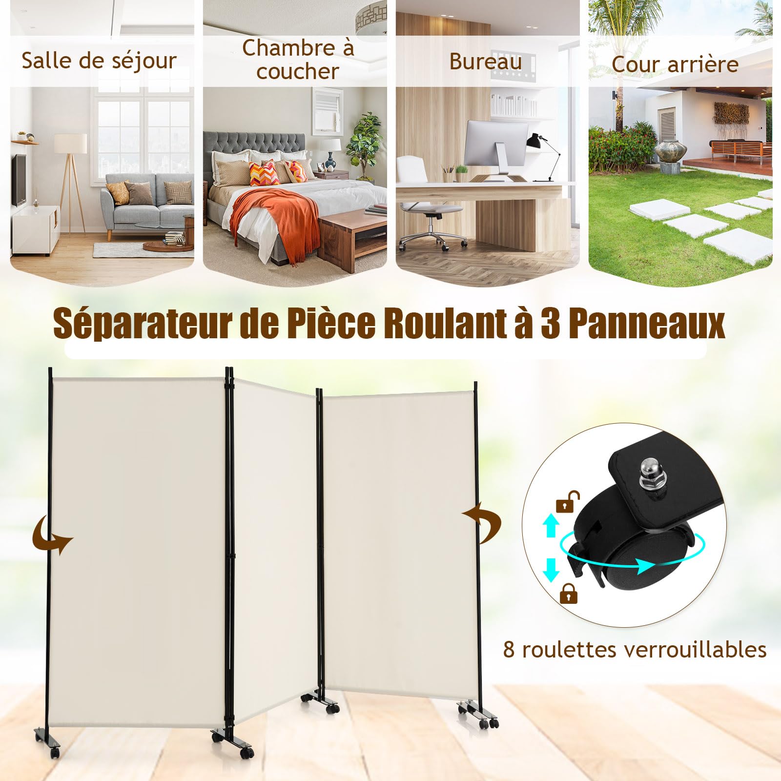 GIANTEX Paravent de séparation de pièce, 262 x 180 cm, avec roulettes, 3 pièces, Pliable, en Tissu, en Fer, séparateur Mural privé pour Chambre à Coucher, Bureau (Beige)