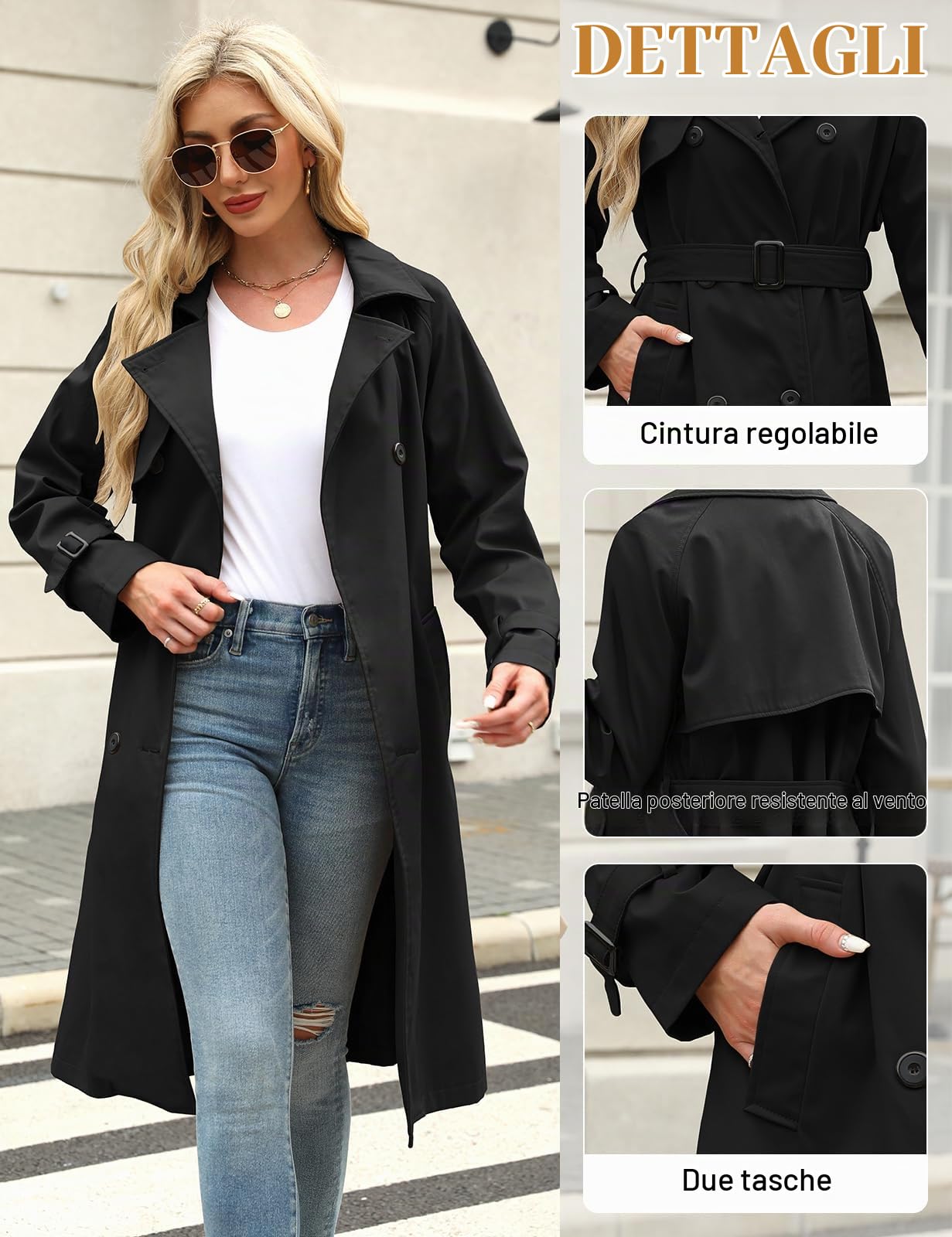 Vancavoo Trenchcoat Donna Giacca Primaverile Autunnale Cappotto Classico Doppiopetto Lungo Parka Windbreaker Giacche con Tasche