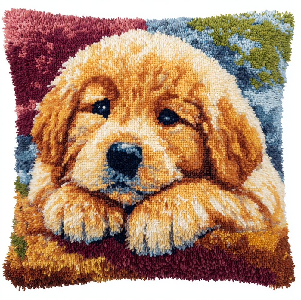 kitphoenix Latch Hook Cushion Kit, Golden Retriever Knitting Kits Cushion, Rug Making Kit for Starters, Latch Hook Kit for Beginners Adults Or Children 43X43Cm/17X17 Inch