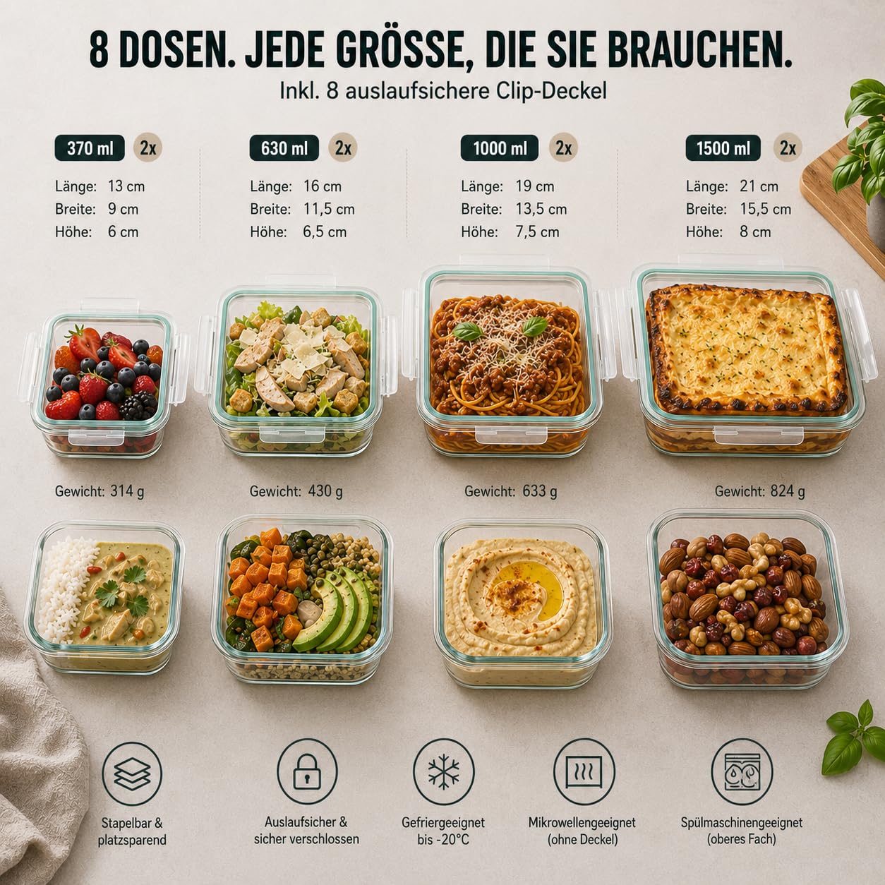 SUPERBUTELKI.PL Meal Prep Cajas de cristal – 8 recipientes de cristal con tapa sin BPA – Resistente vidrio de borosilicato – Fiambrera – Fiambrera – Fiambrera – Fiambrera para microondas – a prueba de