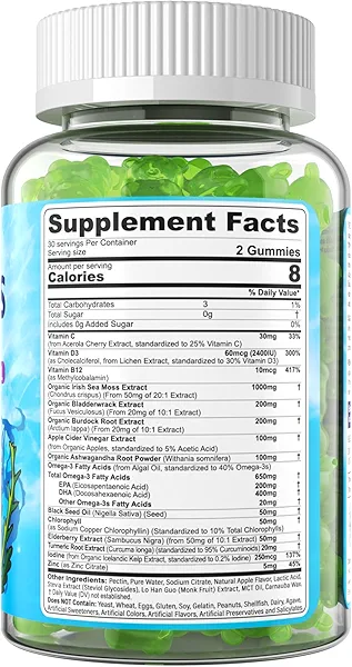 Sea Moss Gummies + Algae Omega-3 for Adult, 15-IN-1 Organic Irish Sea Moss Superfood with/Vitamins C D3 B12, Turmeric, Bladderwrack, Supports Energy, Brain, Immune, Daily Vitality, Sugar-Free, 120 Cts