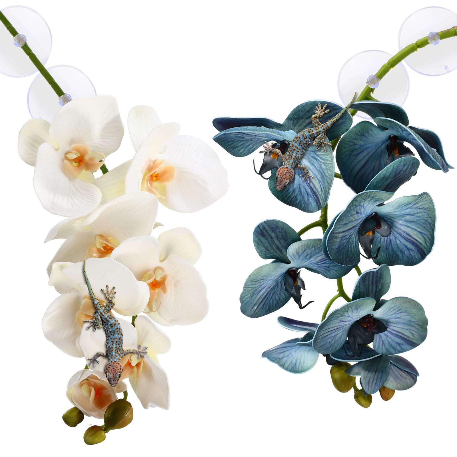 Chuangdi 2 Pcs Artificial Phalaenopsis with Suction Cups Terrarium Plant Decoration Reptile Habitat Plant Decor for Hermit Crab Lizards Geckos Snake(Teal Blue,White,Classical)