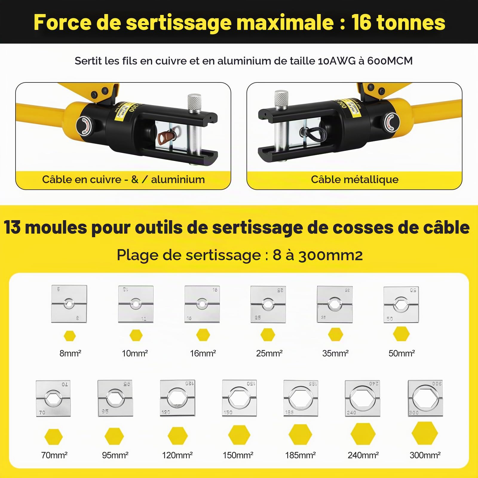 Pince à Sertir Hydraulique 8-300mm², 16T Sertisseuse Hydraulique | Outil de Sertissage Hydraulique avec 13 Matrices pour Cosses Cuivre et Aluminium