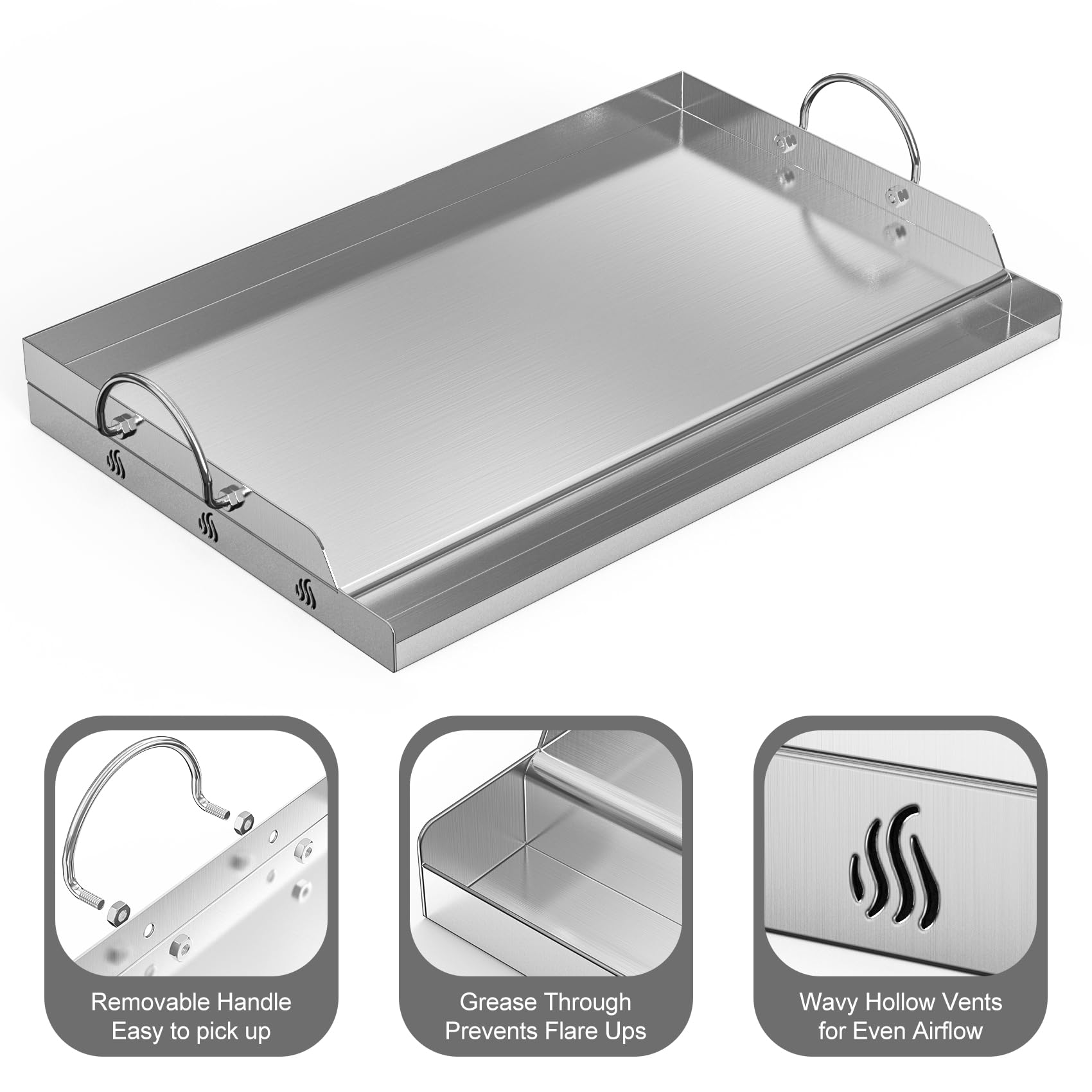 onlyfire Plancha para Barbacoa Universal de Acero Inoxidable para La Mayoría de Barbacoas de Gas y Carbón, Placa de Parrilla Grande para Cocinar y Acampar, 67.5x40.5x7cm