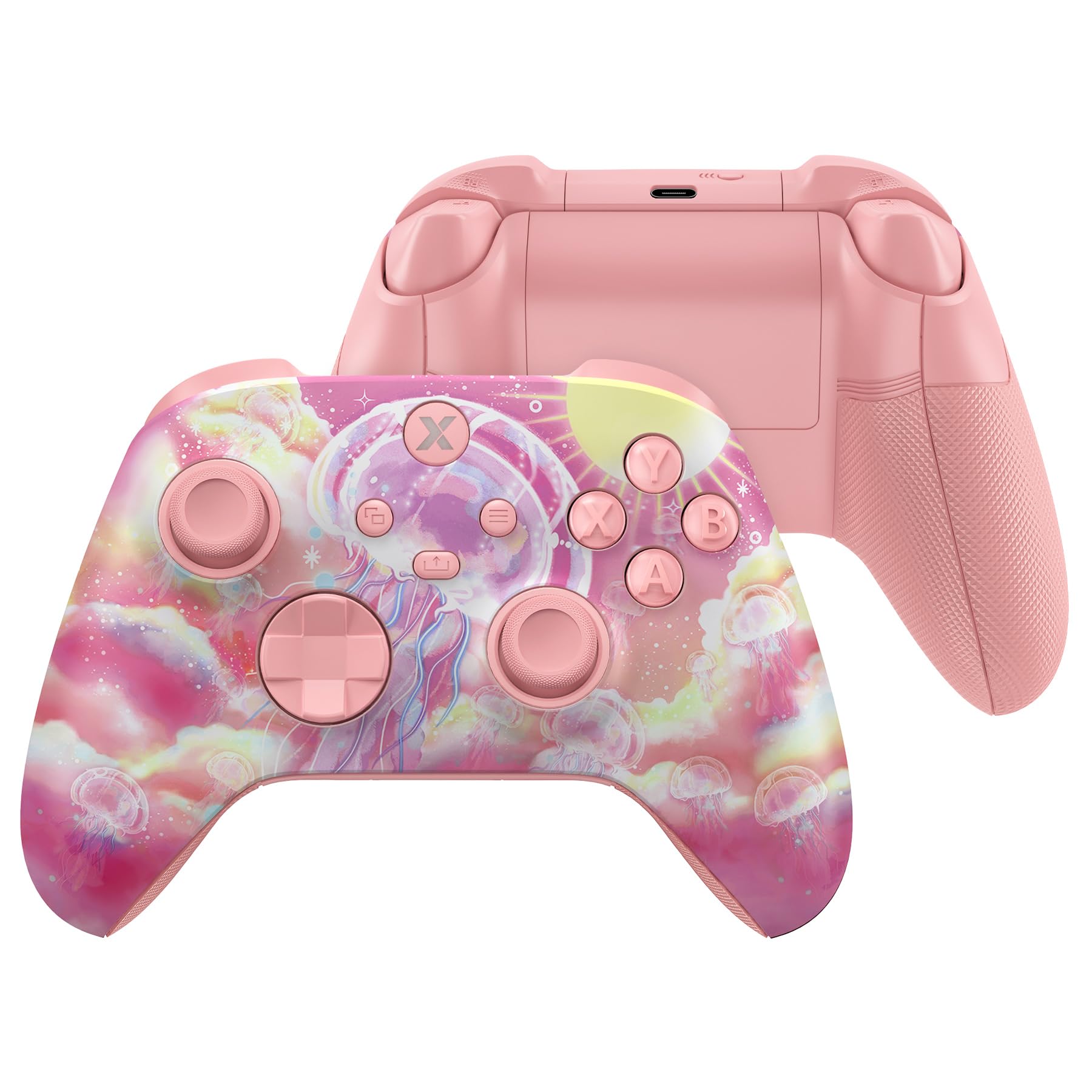 eXtremeRate DIY-Ersatz Full Case & Tasten Set für Xbox Series S/X Controller, Custom Pink Qualle Faceplate/Akzentringe/ASR Rücken Gehäuse/Ersatzknöpfe Zubehör für Xbox Core Gamepad Model 1914