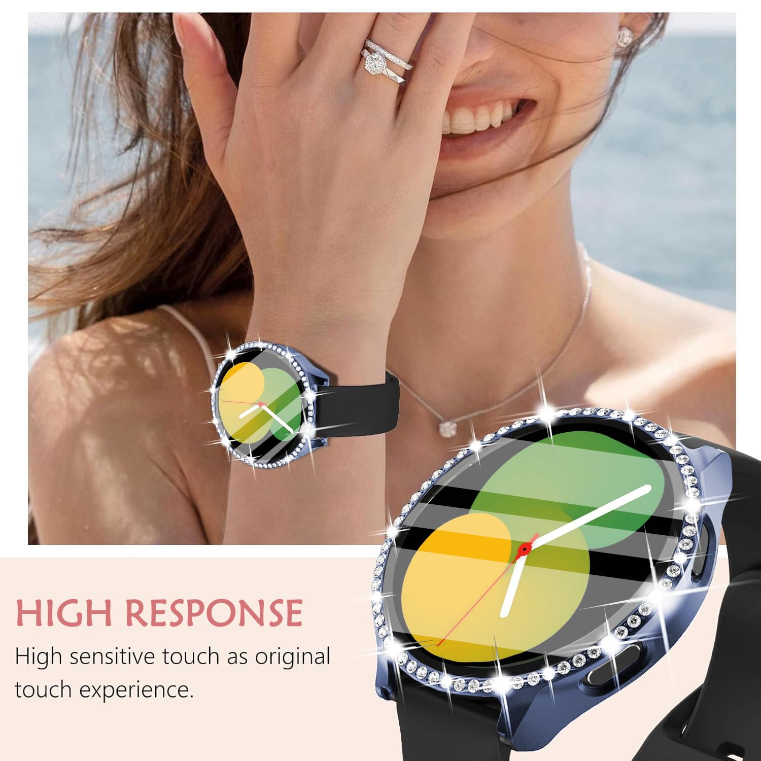 DEALELE [2-PACK] Case Compatible with Samsung Galaxy Watch 5/4 44mm, Bling Single-Row Diamond PC Protective Case Replacement Watch Cover Bumper (44mm, Gold+Transparent) — view 208