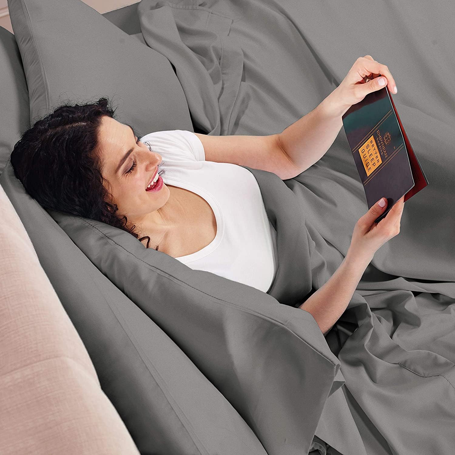 Juego de sábanas y fundas de almohada de alta calidad de 6 piezas, sábanas bajeras ajustables de lino suave y lujoso y bolsillos muy profundos, artículos imprescindibles para dormitorio, 2 fundas de almohada y Guía para dormir mejor «Better Sleep Guide» (