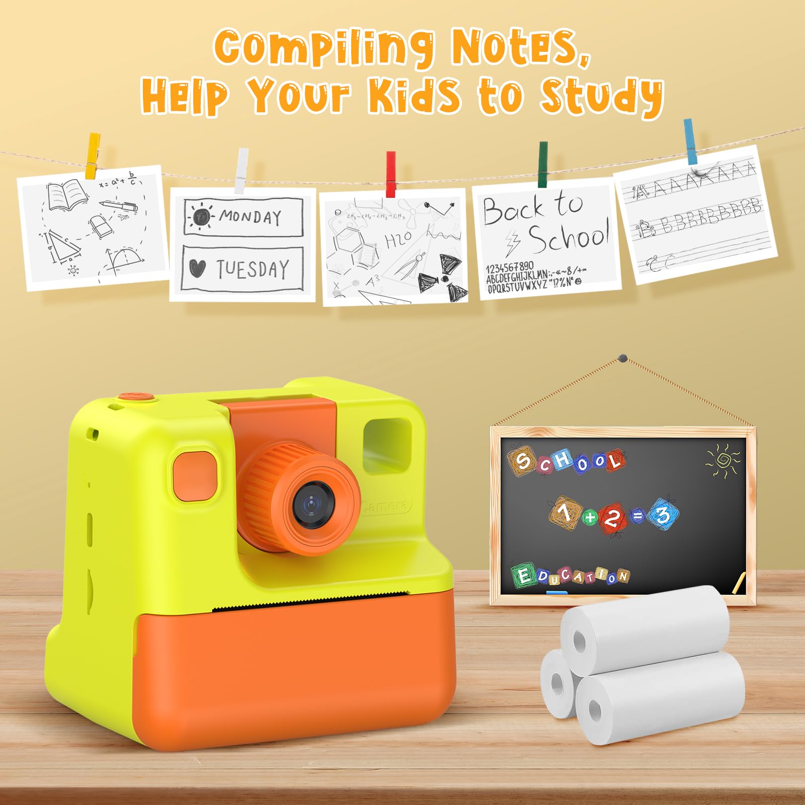Macchina Fotografica Bambini Istantanea, 1080P Digitale Fotocamera Istantanea Bambini, Regalo per Bambini dai 3-12 Anni, 32GB Scheda SD, 5 Penne Colorate (giallo)