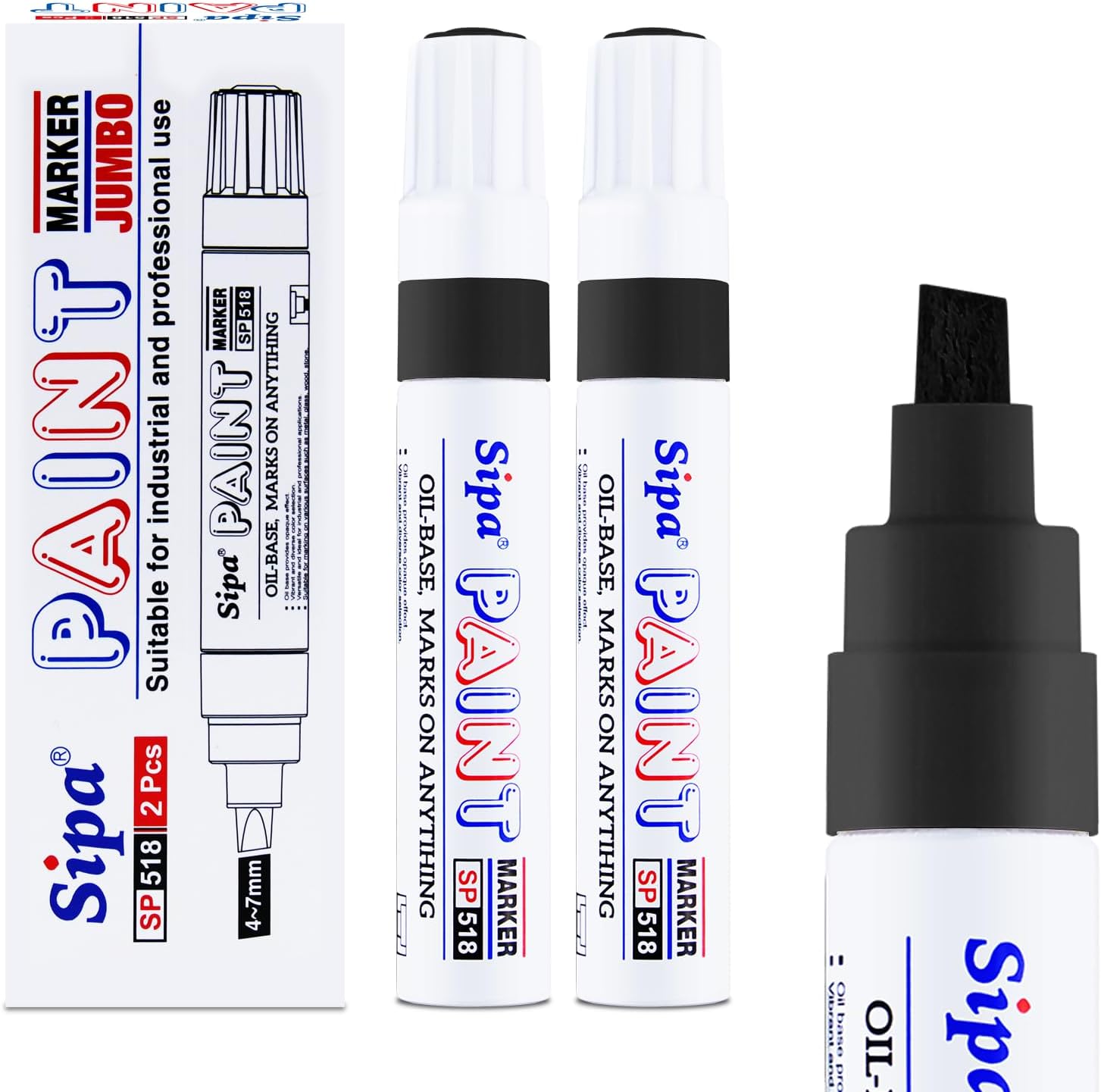 Sipa Jumbo Black Paint Markers Pens, 2 Pack Oil Based Chisel Tip Permanent Paint Pens, Quick Drying & Waterproof Markers for Rocks Wood Metal Plastic Canvas Glass Shoes, Gifts for artists, kid
