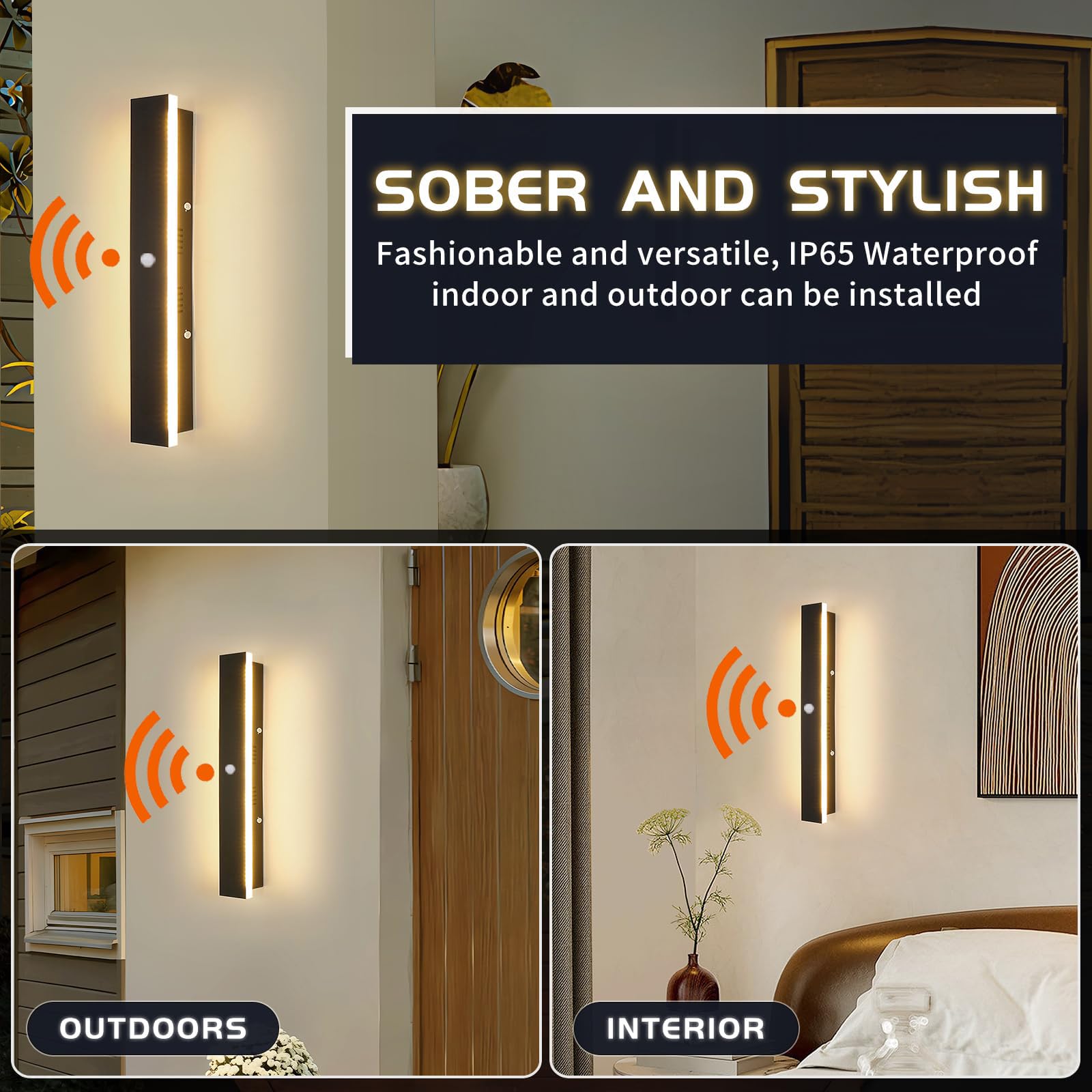 Wandbeleuchtung mit Bewegungsmelder LED Wasserdicht IP65 Lang Modern Schwarz Aussenleuchten Wandleuchte Innen Aussen Wohnzimmer Schlafzimmer Terrassen GeschäFte (Neutrales Licht,60CM)
