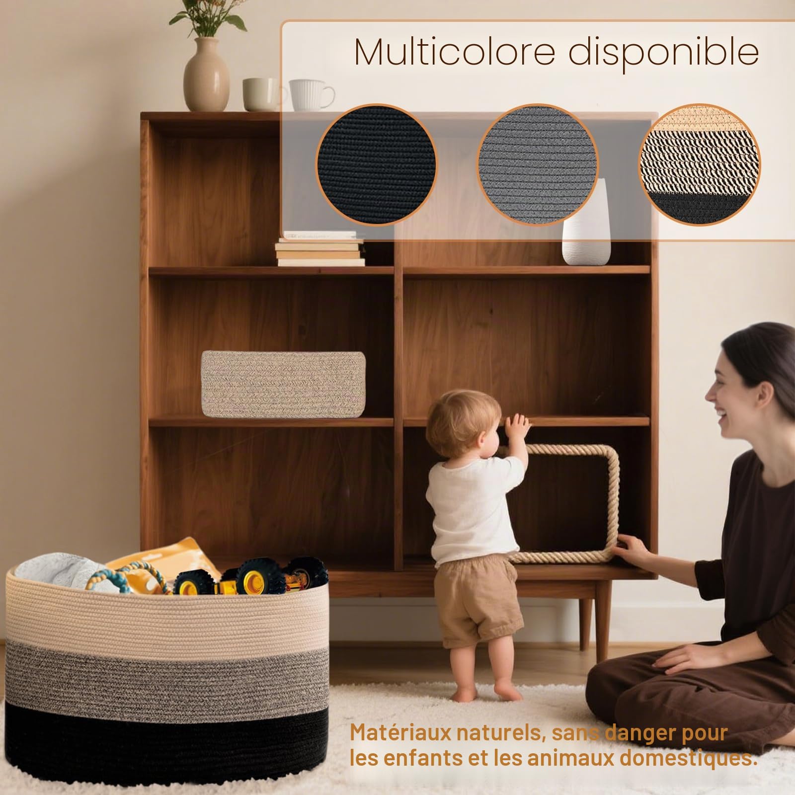 Panier de rangement, panier de rangement pour enfants avec poignées, grand panier de rangement pliable tressé en corde de coton pour salle de bain, chambre d'enfant (60x40 cm, brun+noir)