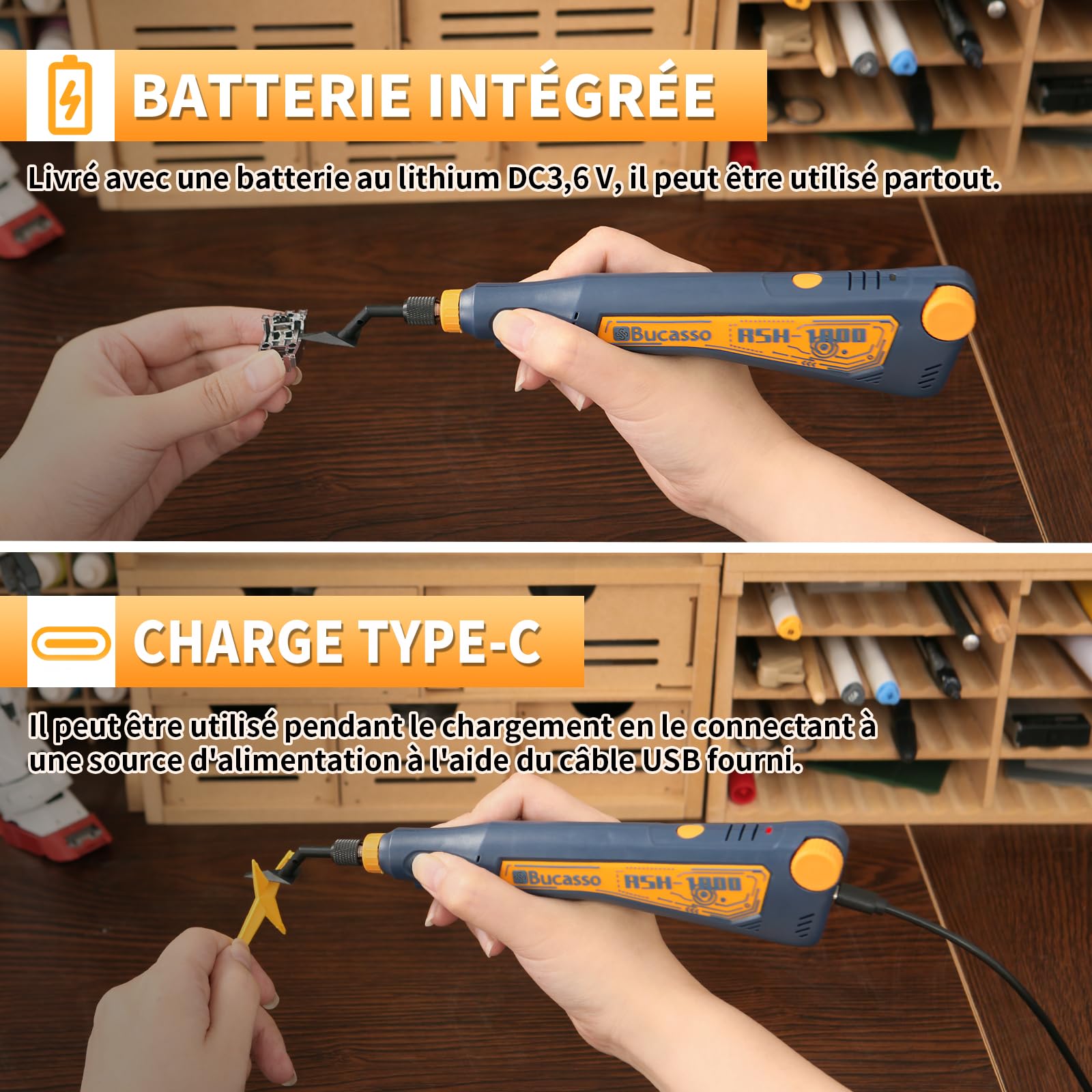 Ponceuse à mouvement alternatif,vitesse variable et recharge USB avec éclairage LED,ponceuse stylo avec 6 têtes de ponçage,idéale pour le ponçage,le polissage (Bleu)