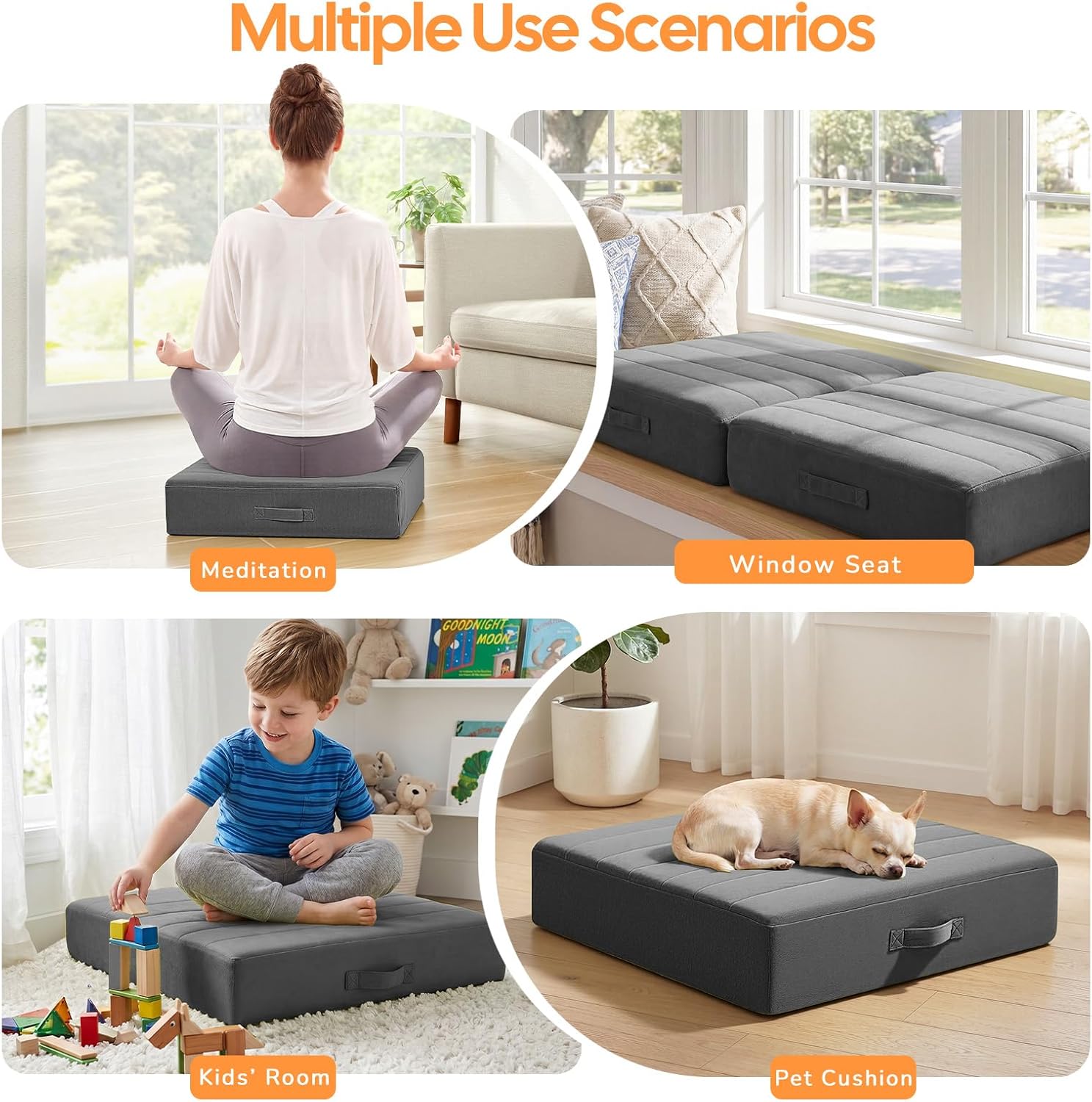 MeMoreCool Square Floor Pillow for Adults and Kids, Large Meditation Cushion with Thick Foam and Washable Tufted Cover, 24-Inch Grey Seat for Sitting and Yoga