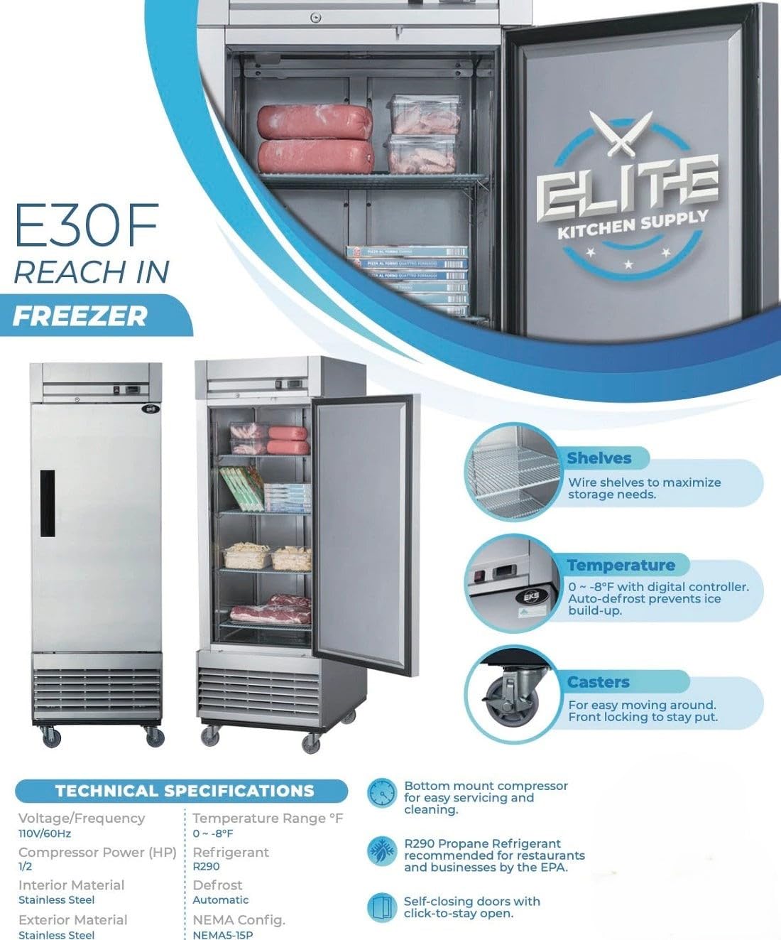 Commercial Reach-in Freezer, ETL NSF 1 door Upright, 27.5