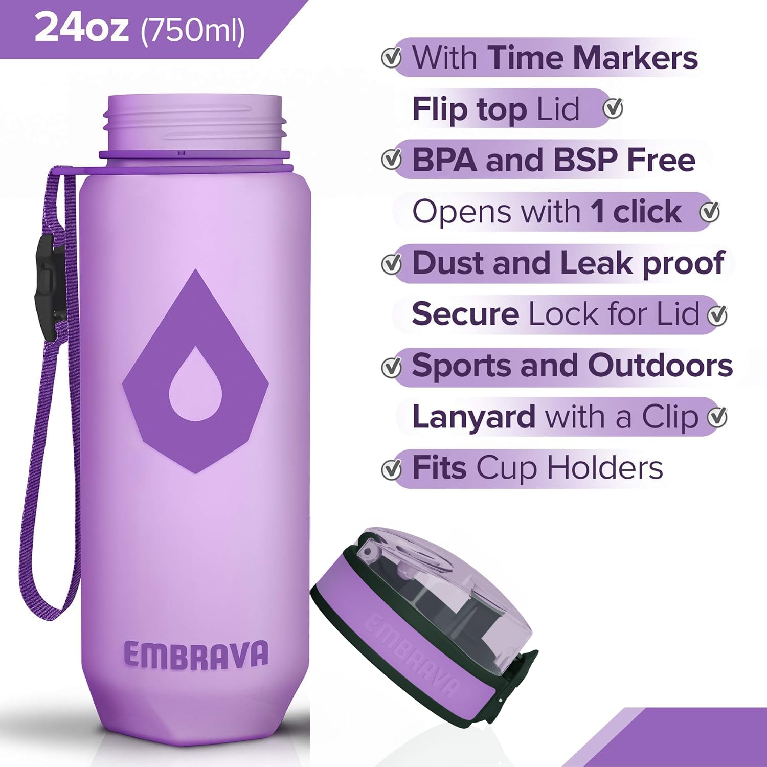 Embrava Wasserflasche mit Zeitmarkierungen, 680 ml, für Sport, Fitnessstudio und Wandern, BPA- und BPS-frei, Ein-Klick-Öffnung, auslaufsicher und sicher