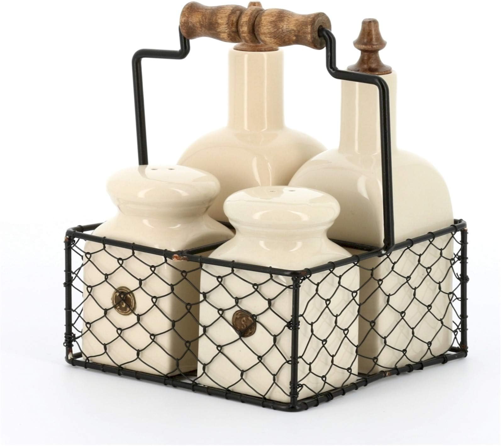 County Kitchen Cream Ceramic Condiment Set in a Wire Basket