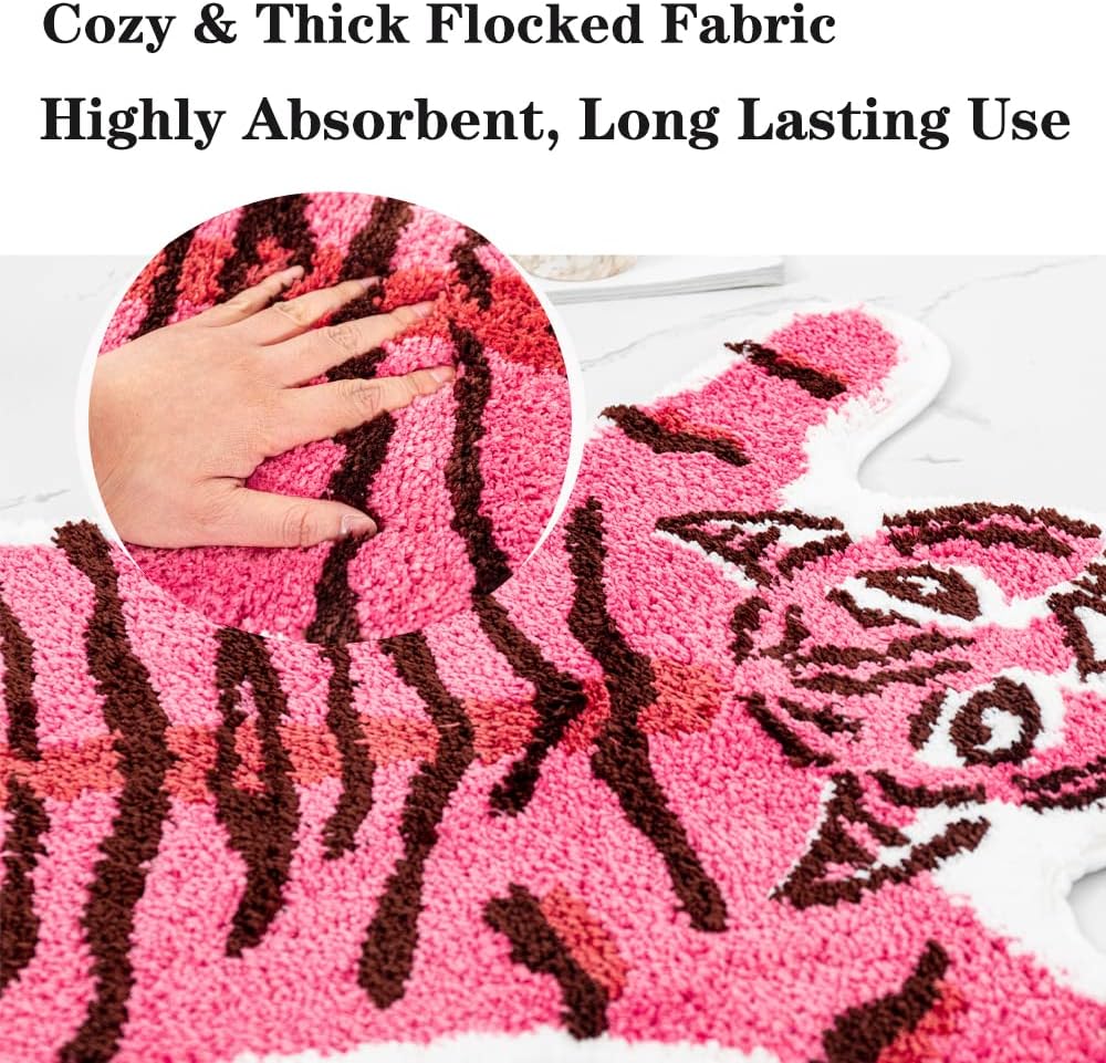 Funny Tiger Bath Mat for Bathroom, Cute Pink Tiger Cartoon Bathroom Rug Non Slip Animal Shaped Absorbent Preppy Small Bathtub Decor Aesthetic Plush Shower Rug Machine Washable 33.1x21.7in