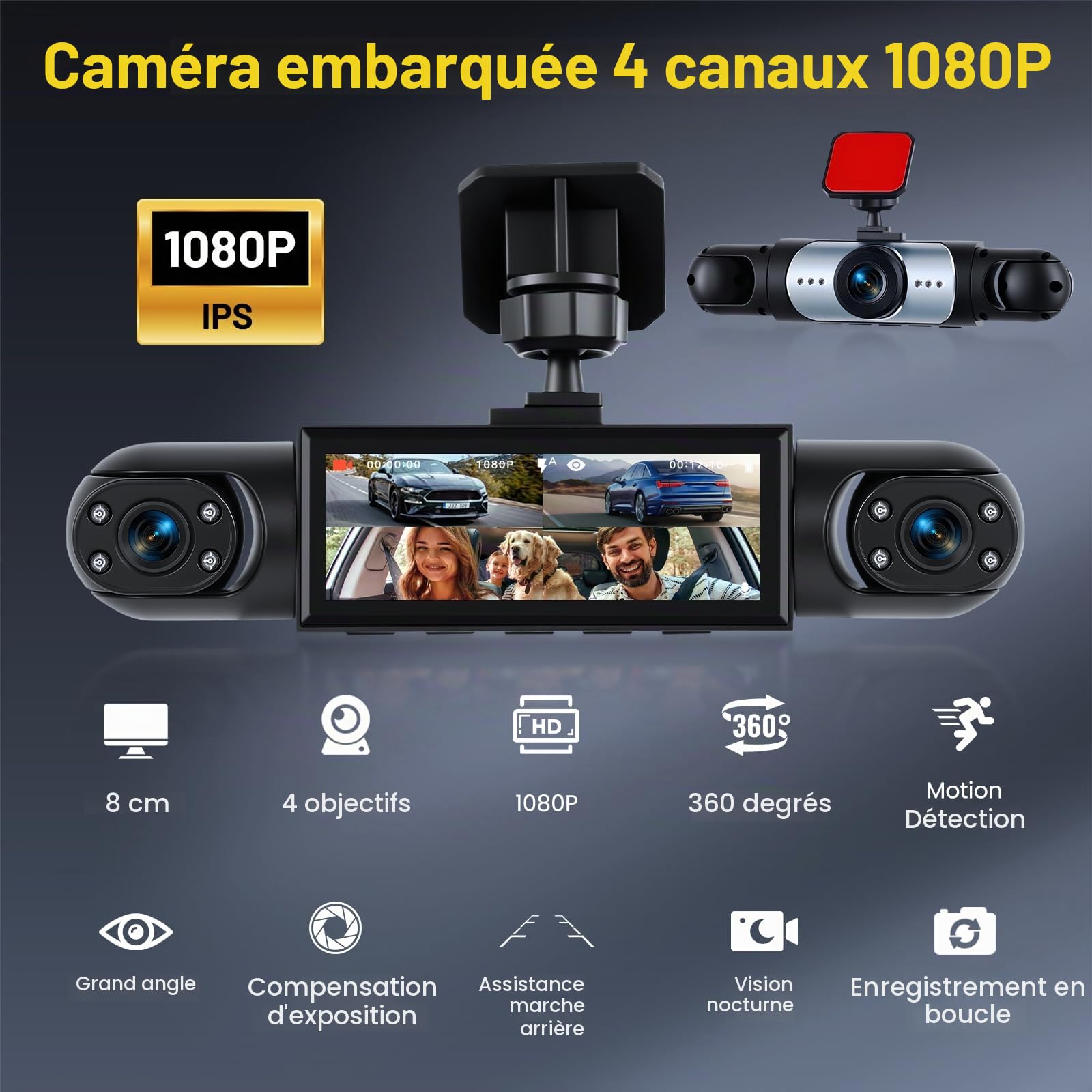 Hikity Caméra de Tableau de Bord pour Tous Les véhicules 4 caméras Écran IPS 3,16" Vision Nocturne 1080P Caméra embarquée Enregistrement en Boucle Enregistreur vidéo Grand Angle