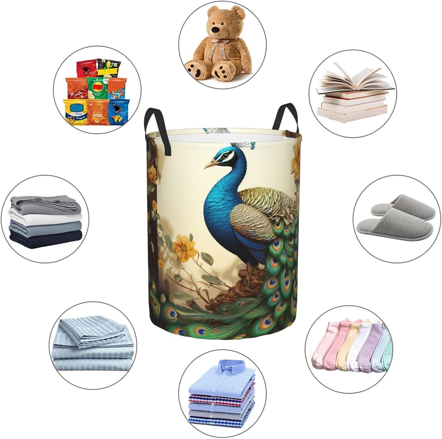 Beautiful peacock Laundry Basket With Handles, Foldable Laundry Hamper Oxford Cloth Dirty Clothes Basket Waterproof Clothes Toys Storage Bin Organizer for Bedroom Bathroom Dorm