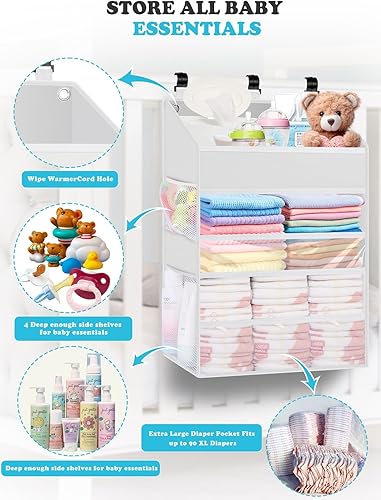 Miniatura 4 de PHOTOONE Organizador de pañales colgante para cuna, espacioso organizador de pañales para cambiador, corralito o pared, capacidad para 90 pañales,