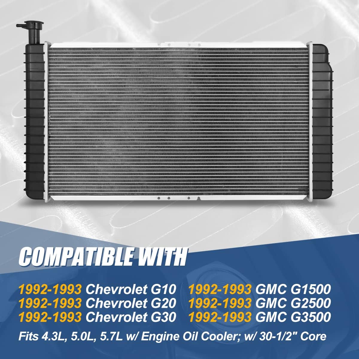 Auto Dynasty Radiator Compatible with 1992-1993 Chevy G10 G20 G30 GMC G1500 G2500 G3500 4.3L, 5.0L, 5.7L, DPI 1489 Factory Style 1-Row Cooling Radiator, Aluminum Core