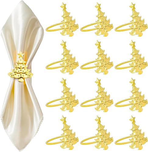 12pcs Christmas Napkin Rings, Gold Christmas Tree Napkin Rings Metal Napkin Holder for Xmas Holiday Party Dinner Table Decorations