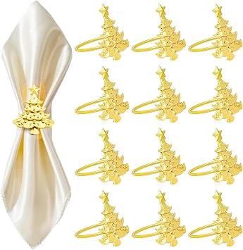 12pcs Christmas Napkin Rings, Gold Christmas Tree Napkin Rings Metal Napkin Holder for Xmas Holiday Party Dinner Table Decorations