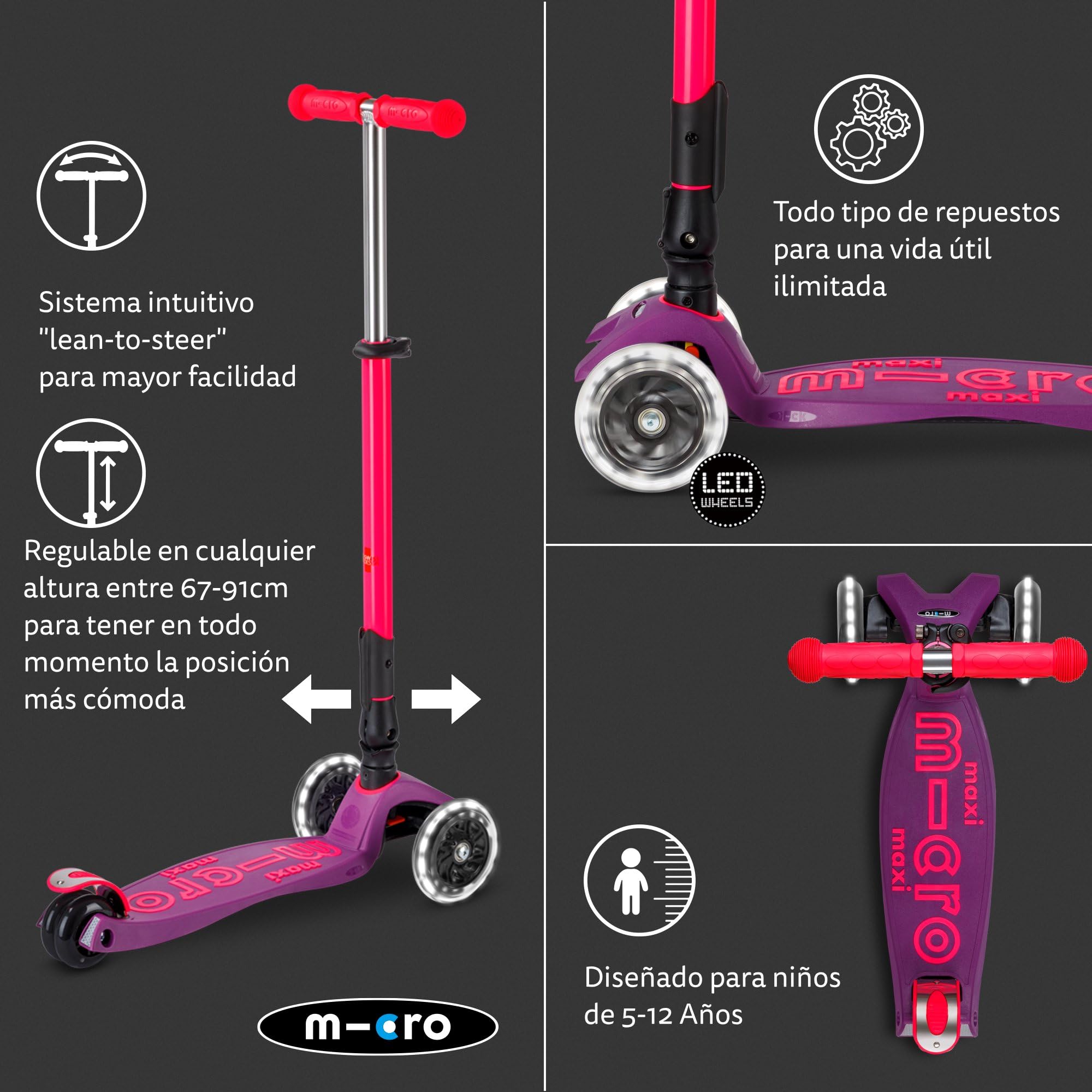 Micro® | Maxi Deluxe Plegable LED | Patinete 3 Ruedas Niños | Altura Regulable | Ruedas con iluminación LED | Rodamientos ABEC9 | 5-12 Años | Niños y Niñas